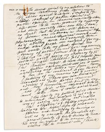 (SCIENTISTS.) FREUD, SIGMUND. Autograph Letter Signed, Freud, to American psychoanalyst Thaddeus Hoyt Ames (Dear Dr. Ames), in Engl